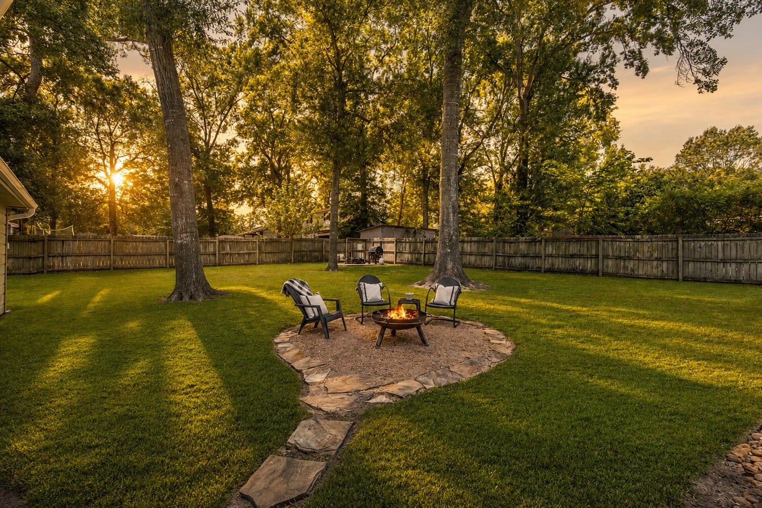 This backyard is everything to this home! Inviting fire pit beneath mature shade trees in the expansive, fully fenced backyard. With plenty of open green space for entertaining, play, or pets, this private outdoor retreat is perfect for relaxing and enjoying evenings under the stars.