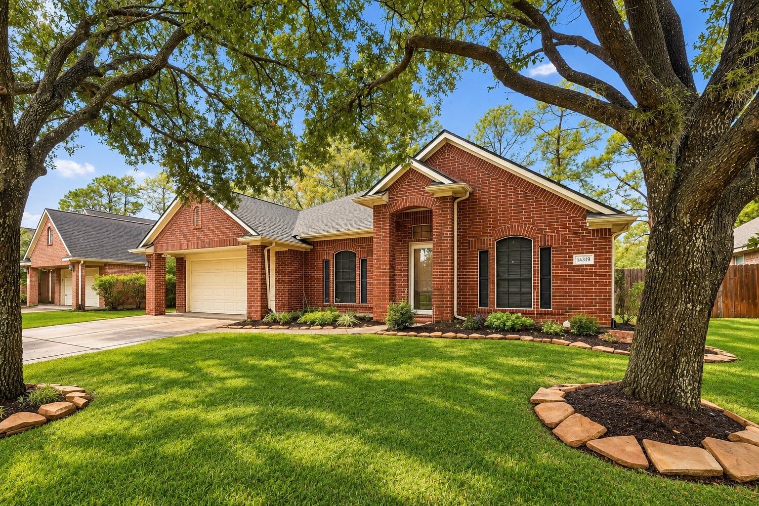 14319 Floret Estates Court, Cypress, TX 77429 Nestled among mature trees, this inviting single-story home offers a desirable split floor plan, high ceilings and a fresh, neutral color palette throughout.