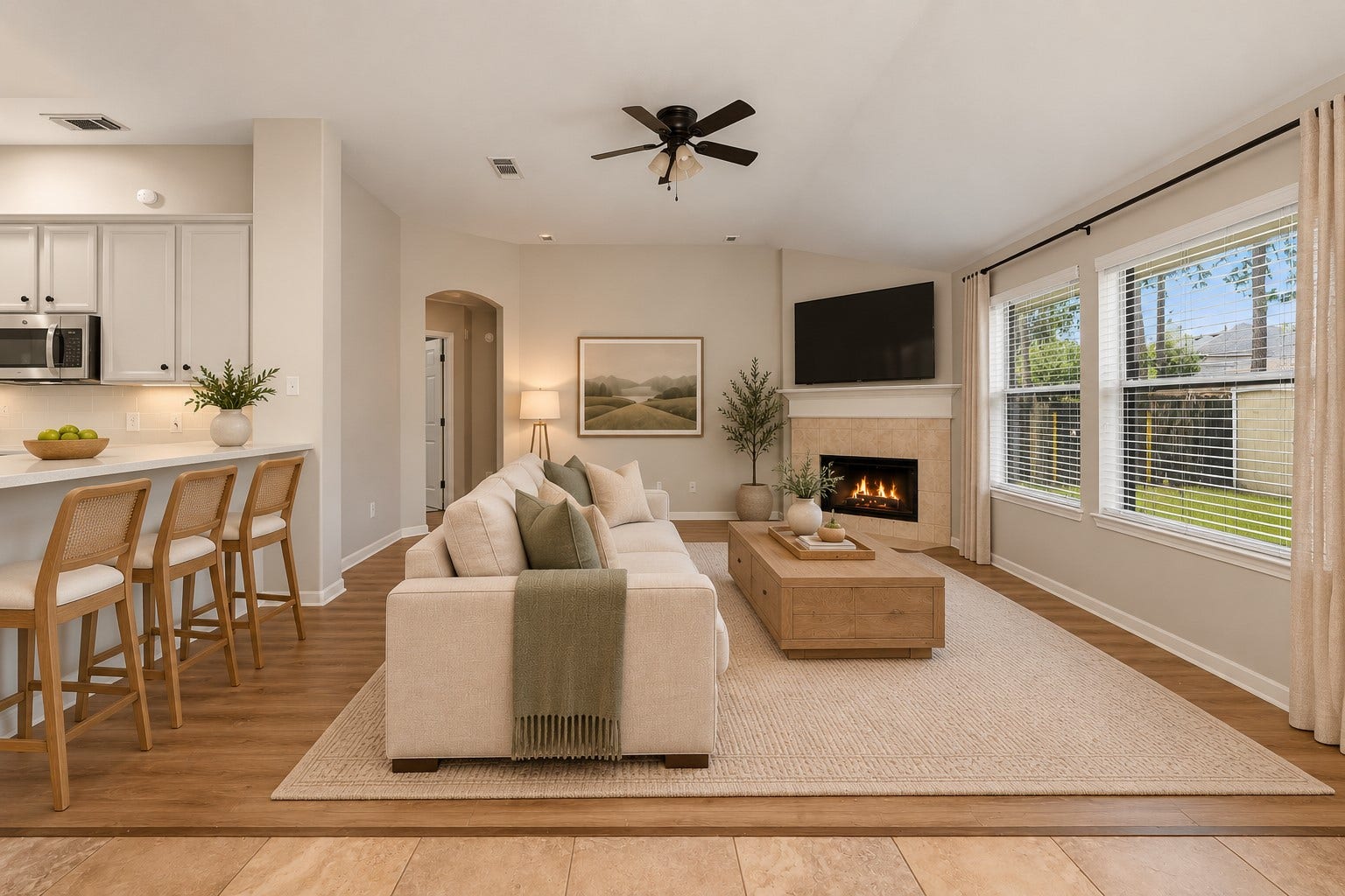 14319 Floret Estates Court, Cypress, TX 77429 The cozy living room with fireplace.
