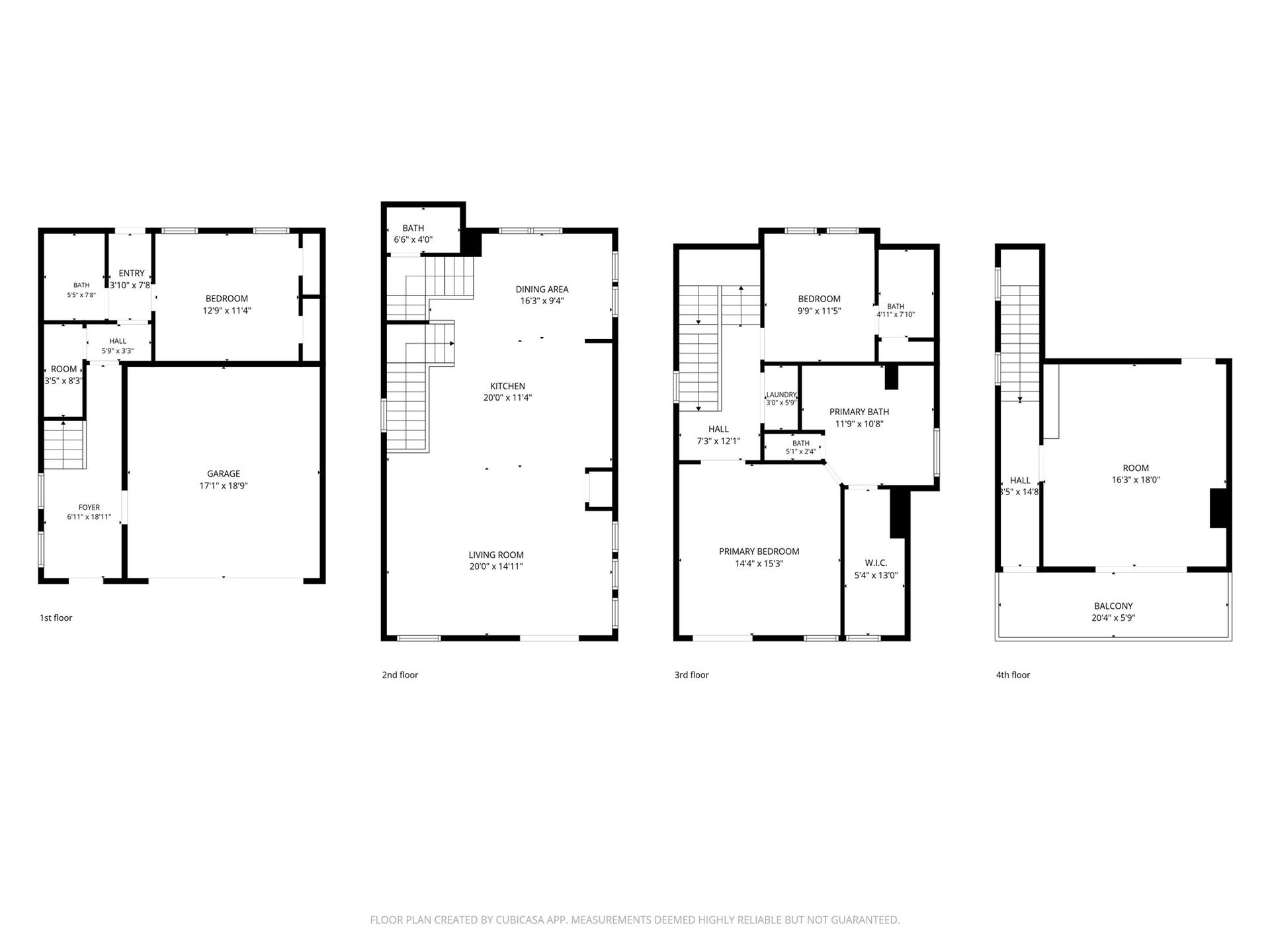 1706 Spring Street, Houston, TX 77007 Floor plan illustrating all four levels of the home, including three bedrooms, multiple living spaces, garage, and fourth-floor bonus room with balcony.