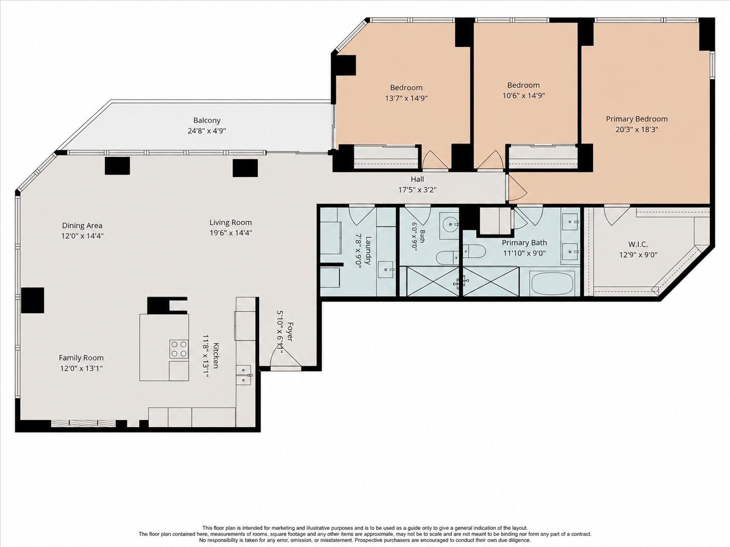 14 Greenway Plaza, #9R, Houston, TX 77046 Floor plan illustrates three bedrooms, two baths and the balcony connection.