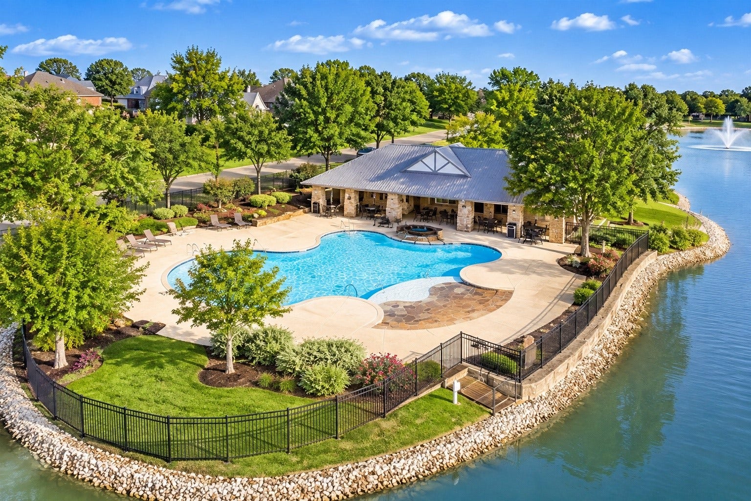 13611 Cottage Arbor Court, Sugar Land, TX 77498 Beautiful aerial view of the community pool and clubhouse, surrounded by lush landscaping and scenic lake views; an inviting setting for relaxing and enjoying the outdoors.