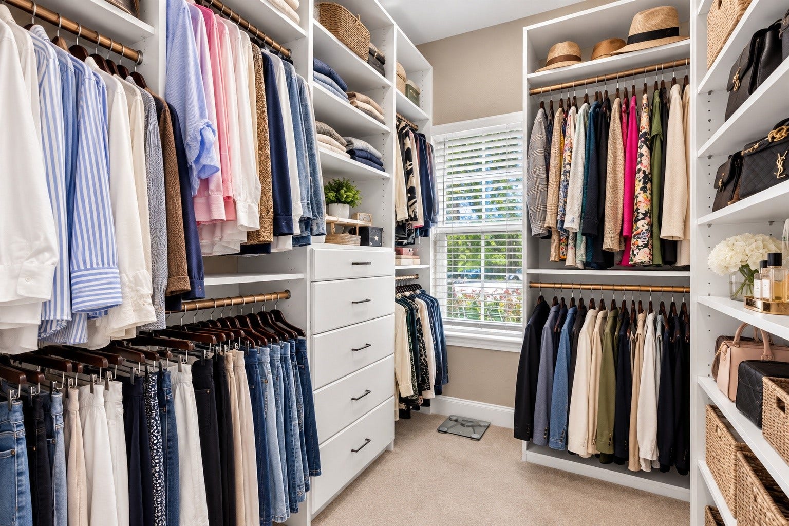 13611 Cottage Arbor Court, Sugar Land, TX 77498 Her spacious walk-in closet features custom built-ins, abundant hanging space, shelving, drawers, and natural light. Contents have been AI-organized for presentation; closet size, layout, and built-ins remain original and unaltered.