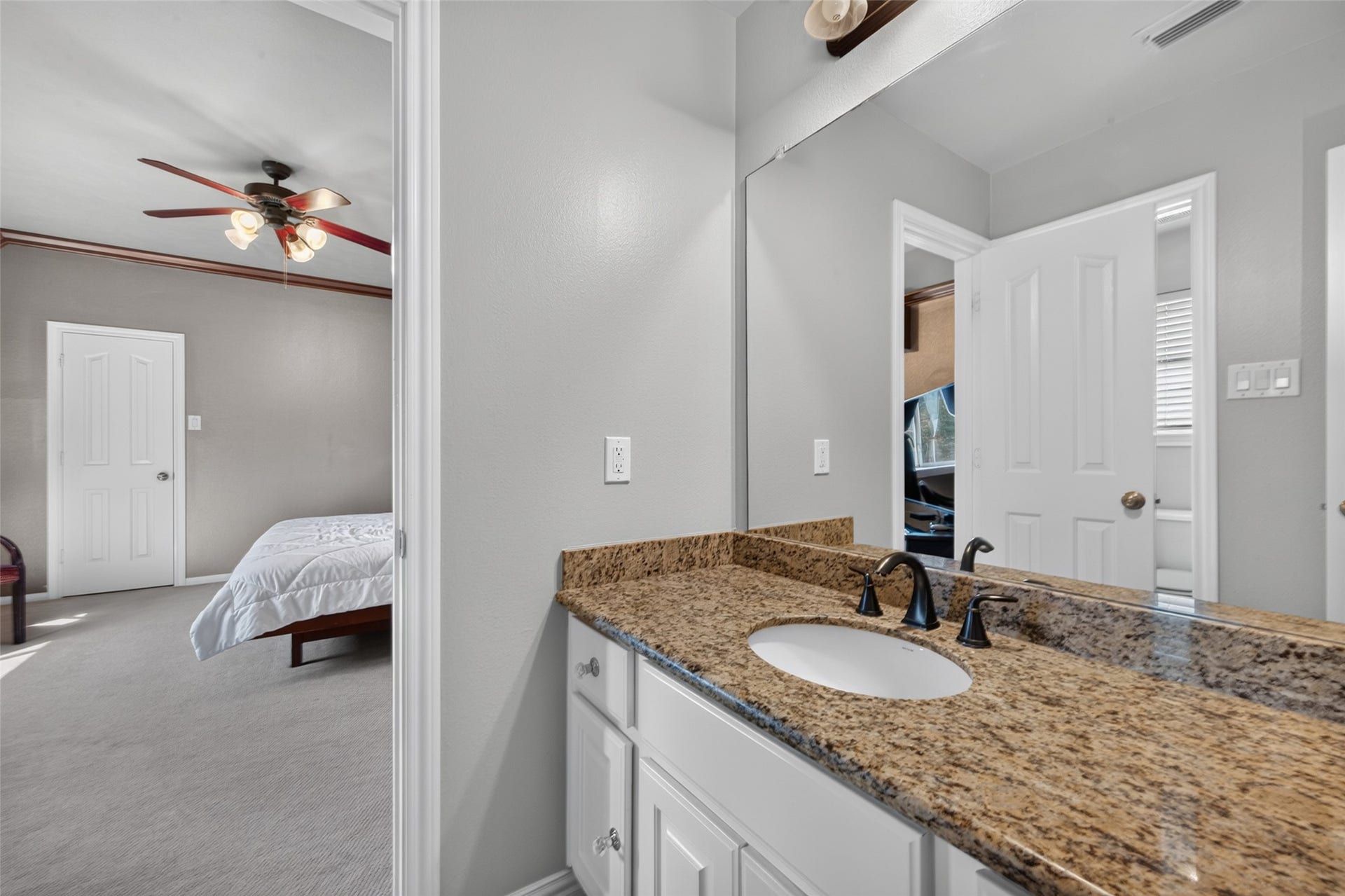 13611 Cottage Arbor Court, Sugar Land, TX 77498 Another view of the private third full bathroom, conveniently connected to the spacious fourth bedroom and featuring a granite vanity.