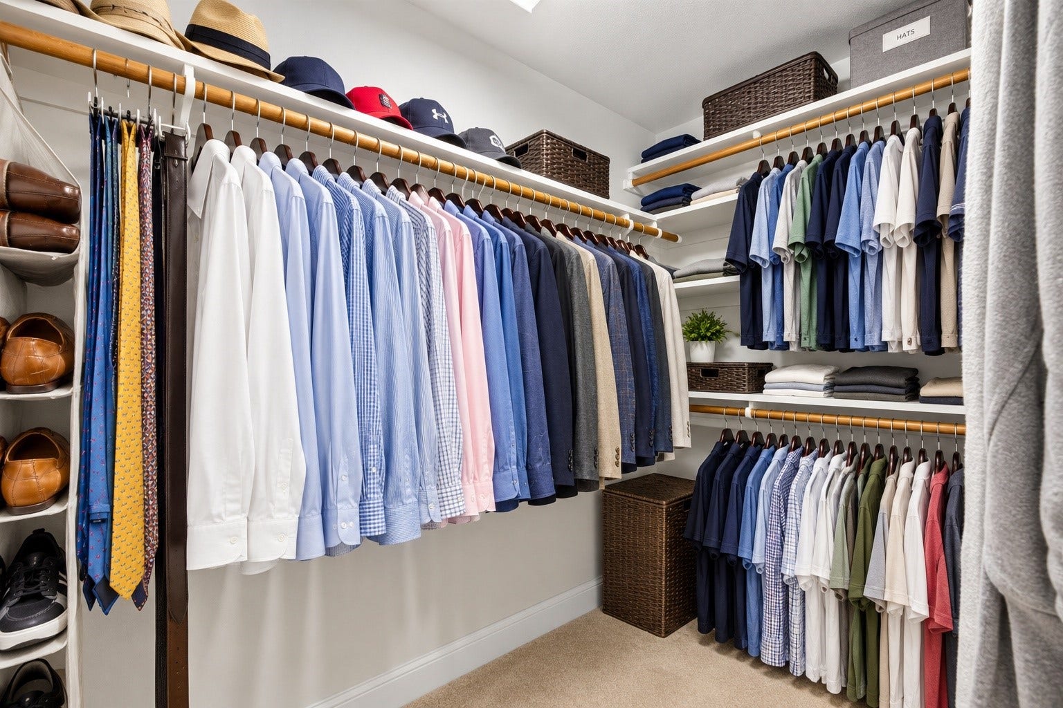 13611 Cottage Arbor Court, Sugar Land, TX 77498 Primary Suite His Closet: Generous walk-in closet with extensive hanging space, built-in shelving, and thoughtful storage. Contents have been AI-organized for presentation; closet size, layout, and built-ins remain original and unaltered.