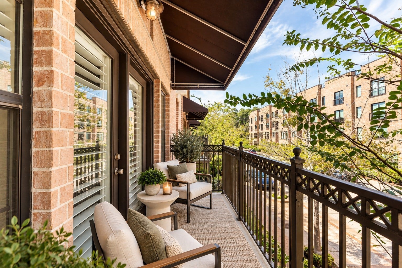 24 Riva Row, Spring, TX 77380 Morning coffee or evening unwinding, this primary balcony is your peaceful perch among the trees. Virtually staged.