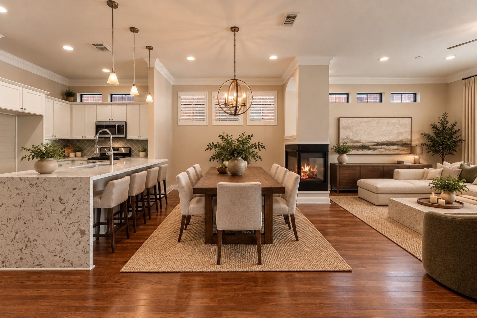 24 Riva Row, Spring, TX 77380 The heart of the home: kitchen, dining, and living flow together under soft pendant and chandelier lighting. Virtually staged.