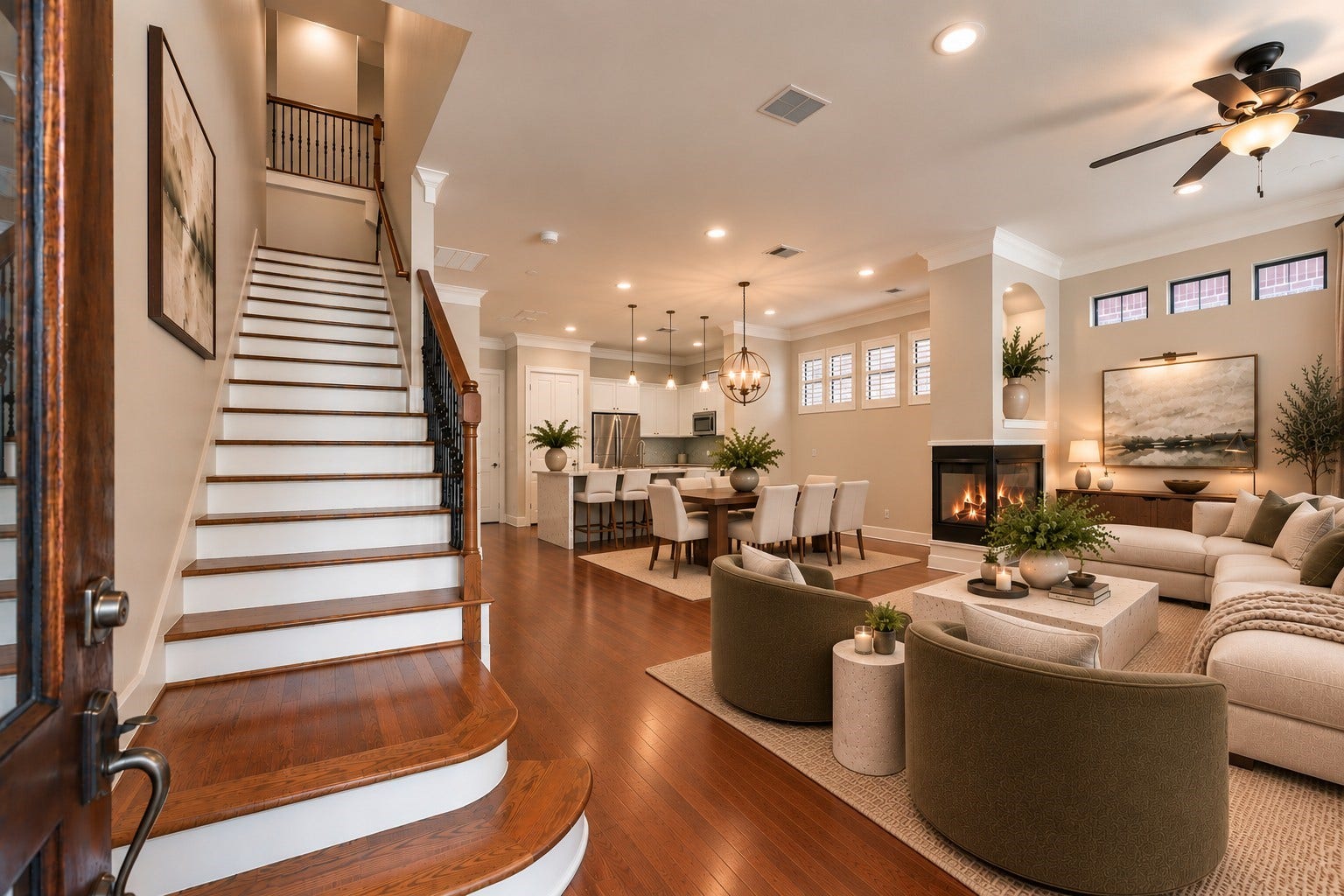 24 Riva Row, Spring, TX 77380 Open-concept living at its best: the living, dining, and kitchen areas flow together around a cozy see-through fireplace. Virtually staged.