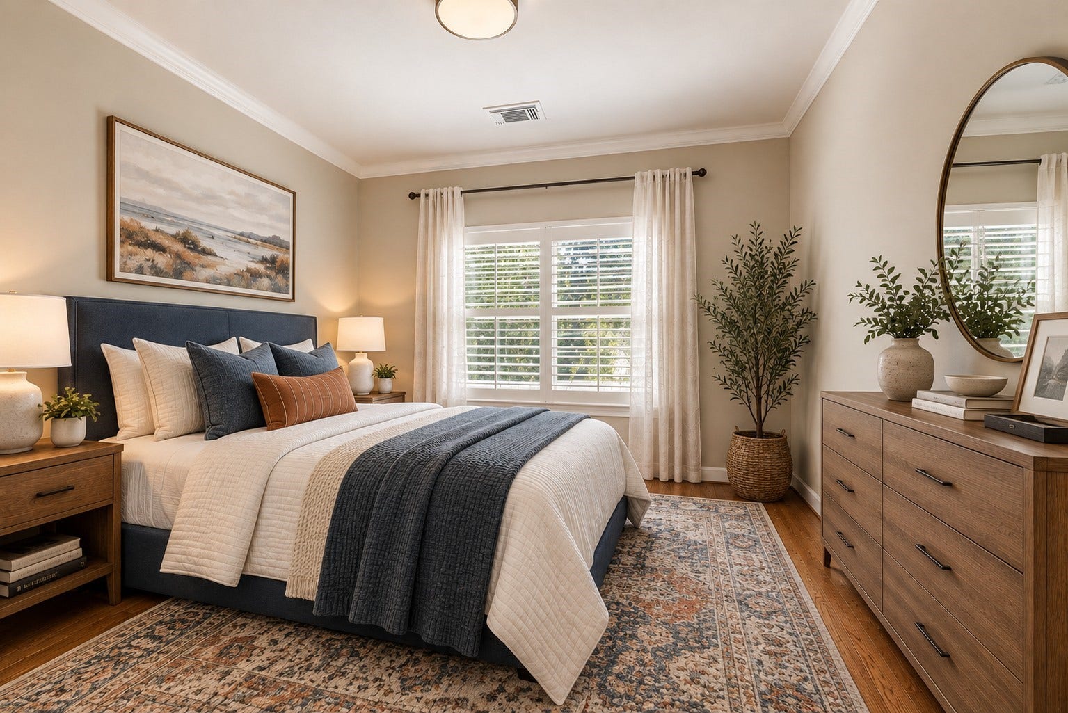 24 Riva Row, Spring, TX 77380 Comfortable and bright, this secondary bedroom on the second floor overlooks the treetops through plantation-shuttered windows. Virtually staged.
