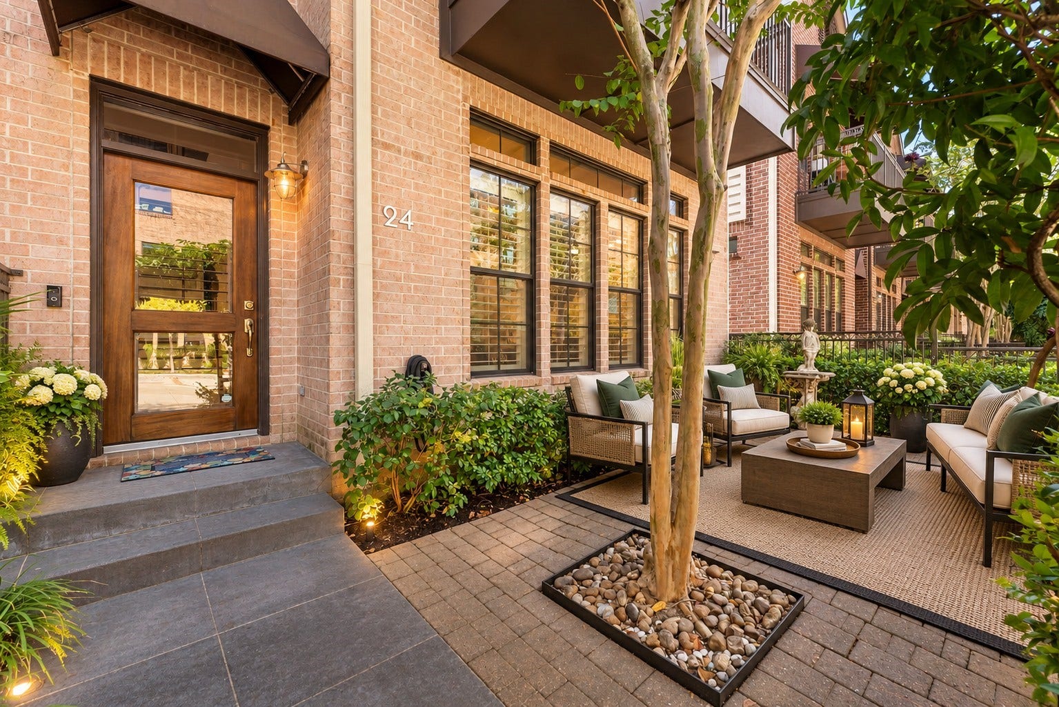24 Riva Row, Spring, TX 77380 The private courtyard at 24 Riva Row, a cozy spot for morning coffee or evenings under the trees.