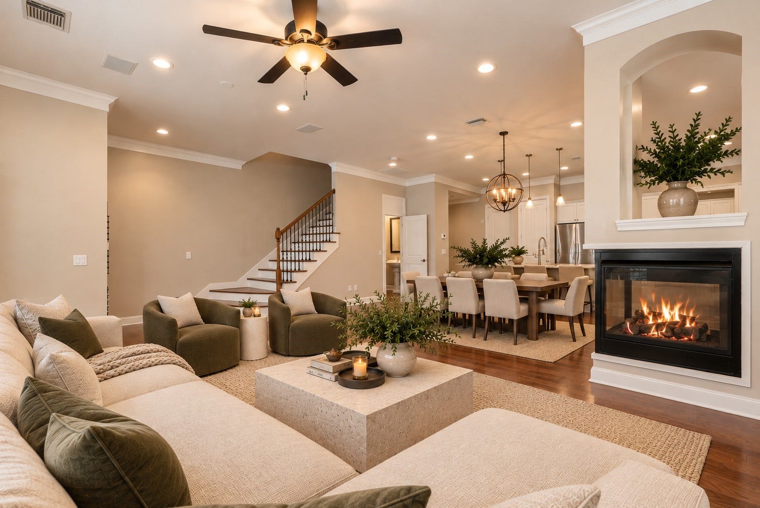 24 Riva Row, Spring, TX 77380 Everything flows together here: living, dining, and kitchen, with a convenient powder room nearby. Virtually staged.