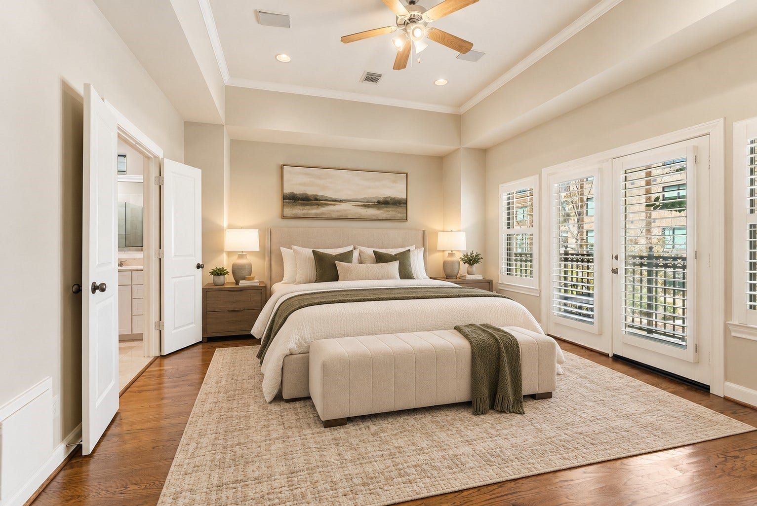 24 Riva Row, Spring, TX 77380 Double doors lead from this tranquil primary bedroom to the en-suite bath, with balcony views on the other side. Virtually staged.
