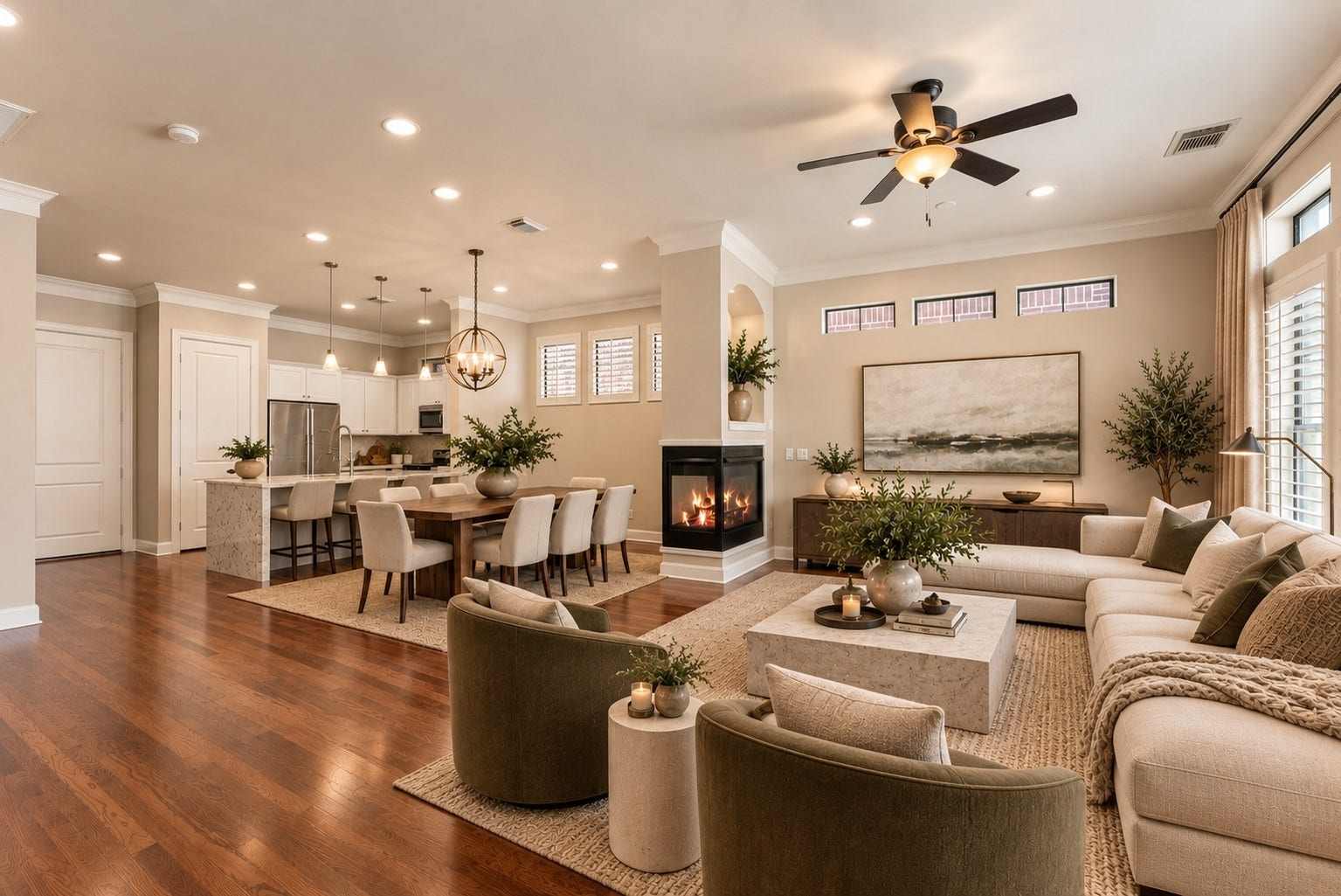 24 Riva Row, Spring, TX 77380 Entertain with ease in this open living and dining space, all within view of the kitchen. Virtually staged.