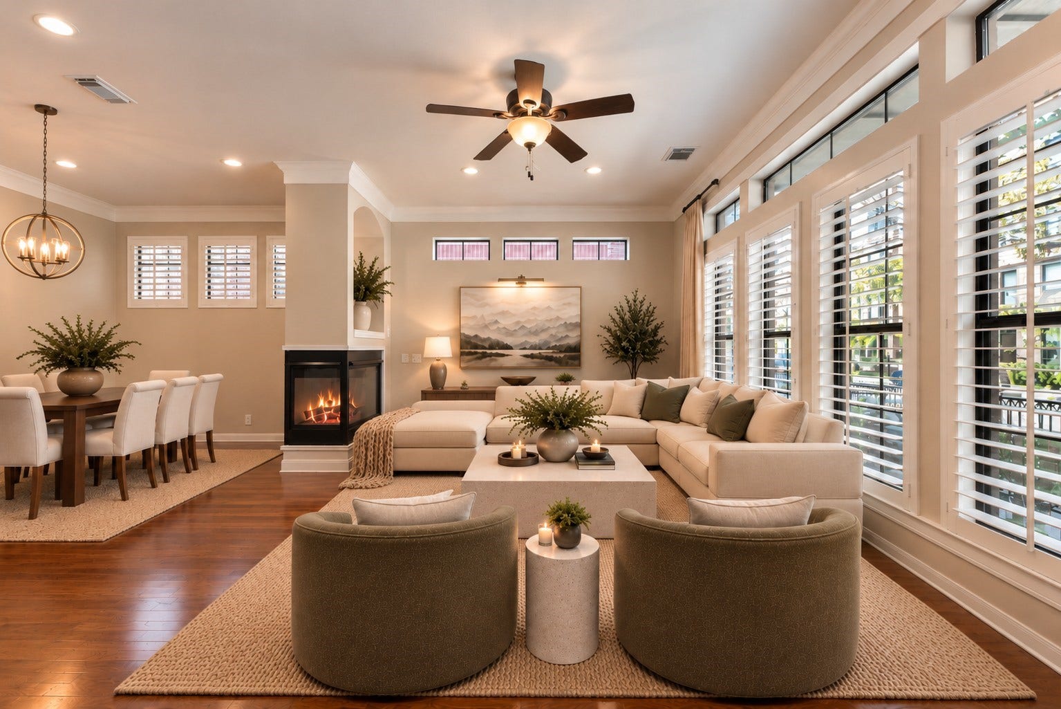 24 Riva Row, Spring, TX 77380 A wall of tall windows with plantation shutters fills the living room with natural light. Virtually staged.