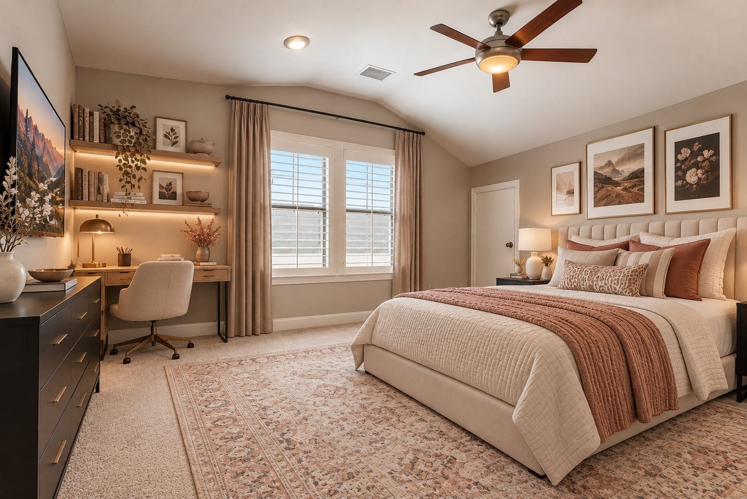 24 Riva Row, Spring, TX 77380 The fourth bedroom sits privately on the third floor, with room for a queen bed, desk, and dresser. Virtually staged.
