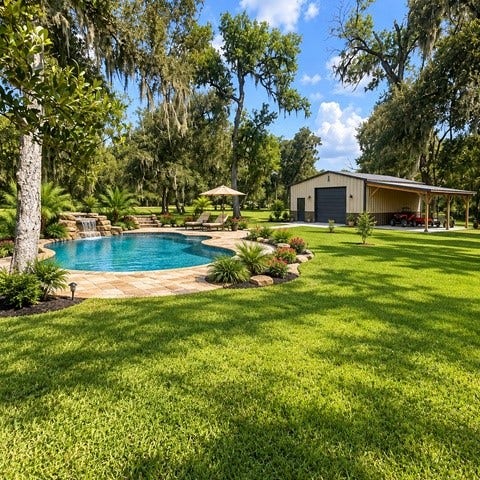 3689 County Road 851A, Brazoria, TX 77422 This is a full acre lot staged, where it shows what you can build in this space for those that do not see the vision. Pool and Shop. will fit.