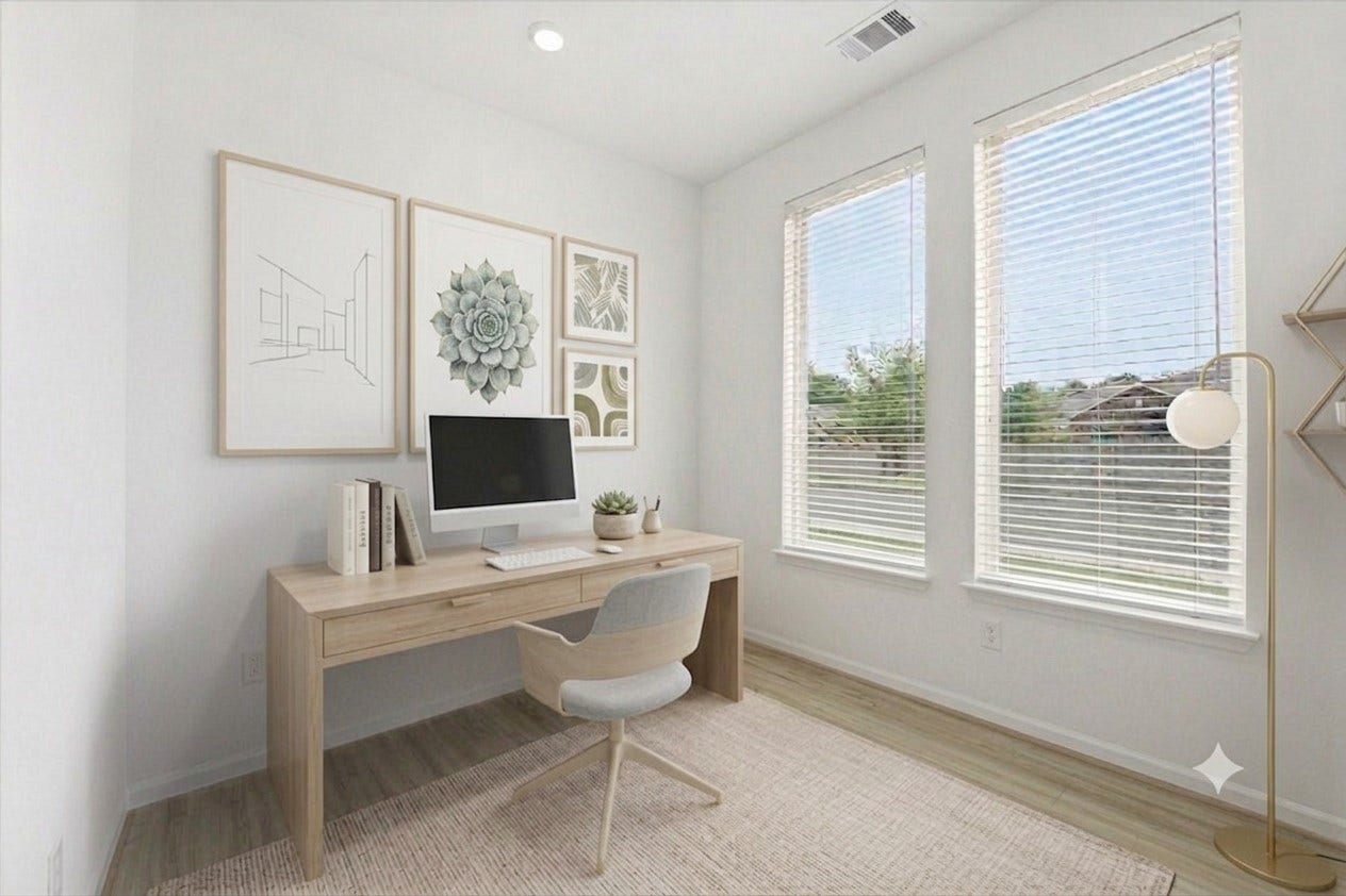 Dedicated home office means you don't have to sacrifice one of the four bedrooms to work from home. *Virtually staged home office*.