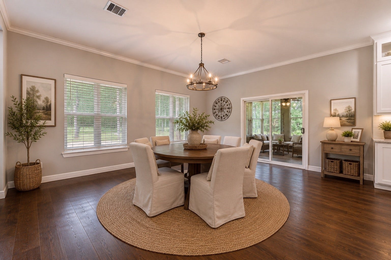 20531 Faye Street, Tomball, TX 77377 Inviting breakfast area overlooking the covered porch and picturesque wooded acreage. (Photo virtually staged.)