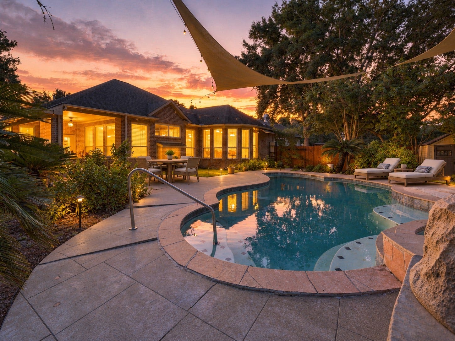 At dusk, the backyard takes on a warm, inviting atmosphere with illuminated windows, pool reflections, and outdoor lighting extending the usability of the space into the evening.**Virtually staged