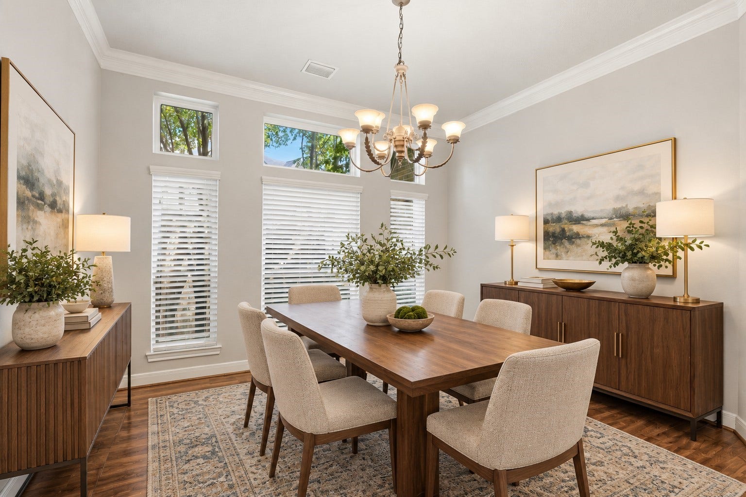 This angle highlights the dining rooms tall windows and upper transom windows, creating a bright and open setting for dining and entertaining.**Virtually staged