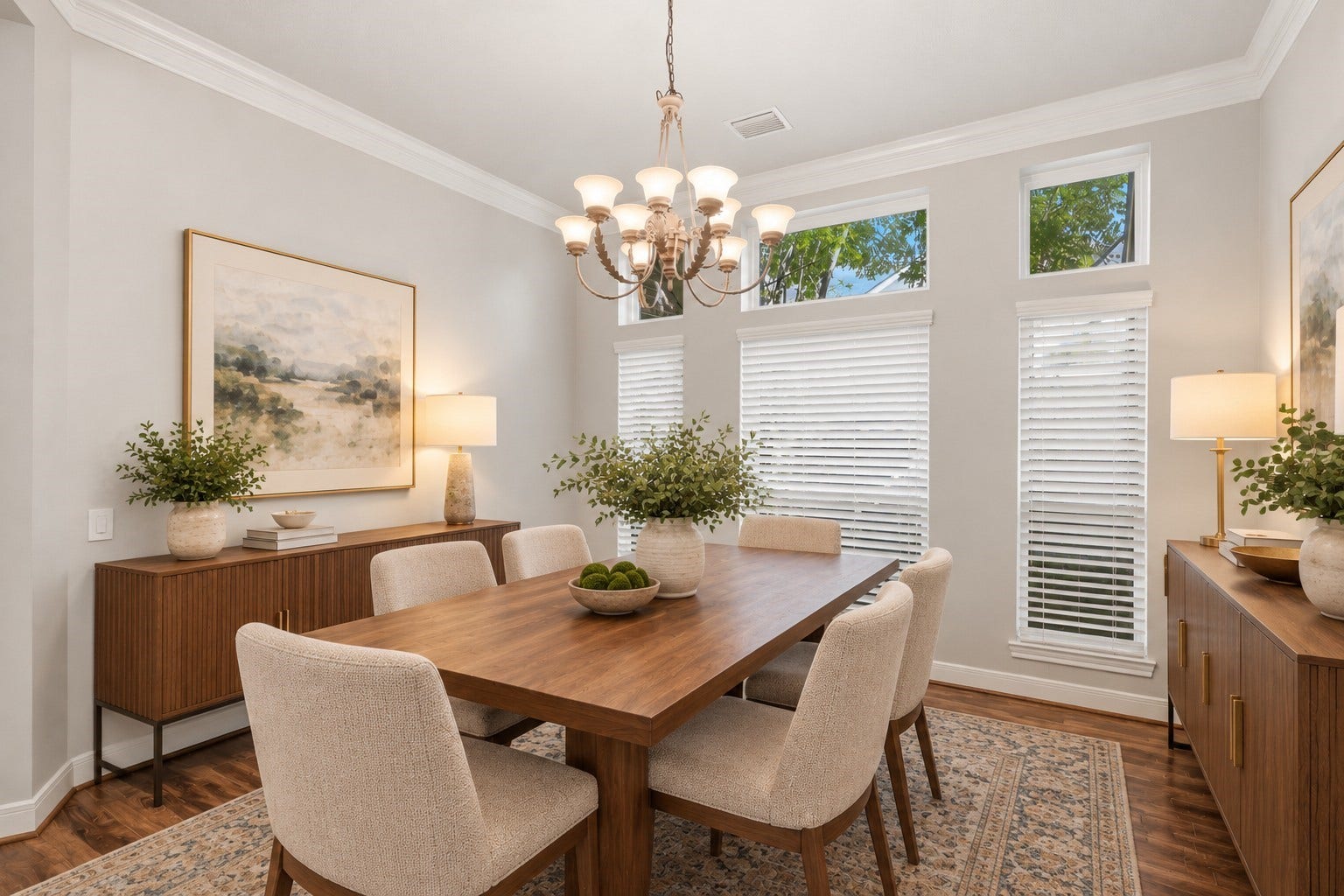 The formal dining room features a high ceiling, crown molding, a statement chandelier, and multiple windows that bring in plenty of natural light.**Virtually staged