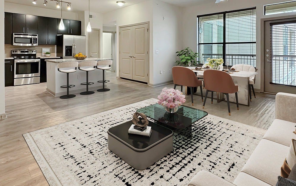 2700 Brazos Street, #4420, Houston, TX 77006 Sophisticated open concept living and dinning area with a sleek modern kitchen, abundant natural light and a spacious, inviting layout perfect for entertaining in style.
