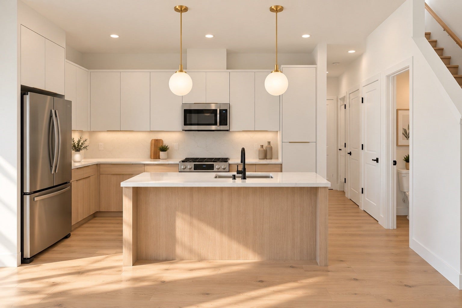 First Floor Living and Kitchen + Primary Bedroom