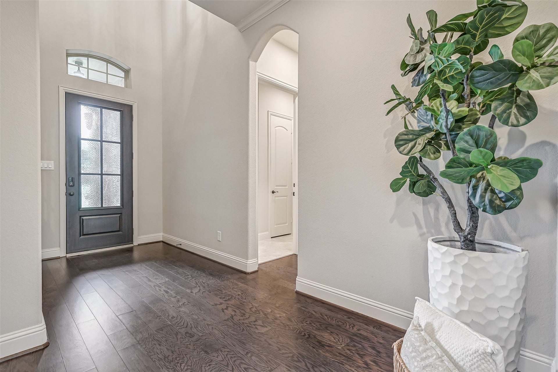 1640 Longwood Glen Lane, Friendswood, TX 77546 Looking back toward the front entrance, the dramatic two-story foyer showcases the 8' Flemish glass entry door, arched transom window, rich luxury vinyl plank flooring & neutral paint. Just off the foyer, an arched opening leads to the powder room & a separate apartment.