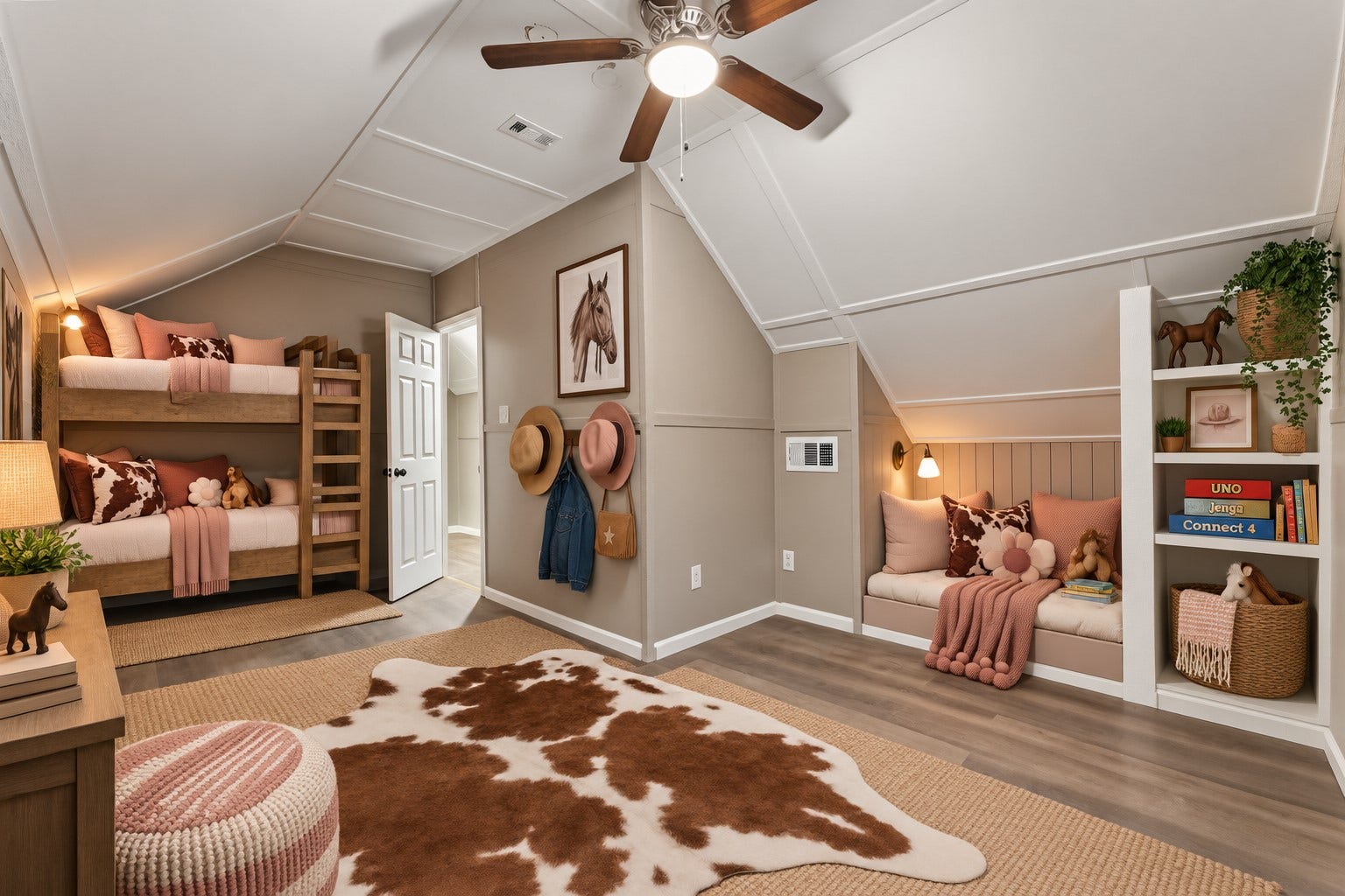 10534 Hufsmith Road, Tomball, TX 77375 Virtually staged cowgirl bunk room brings the ranch Airbnb vision to life with playful Western charm, cozy sleeping spaces, and a hideaway designed to make kids say, I want to stay here!