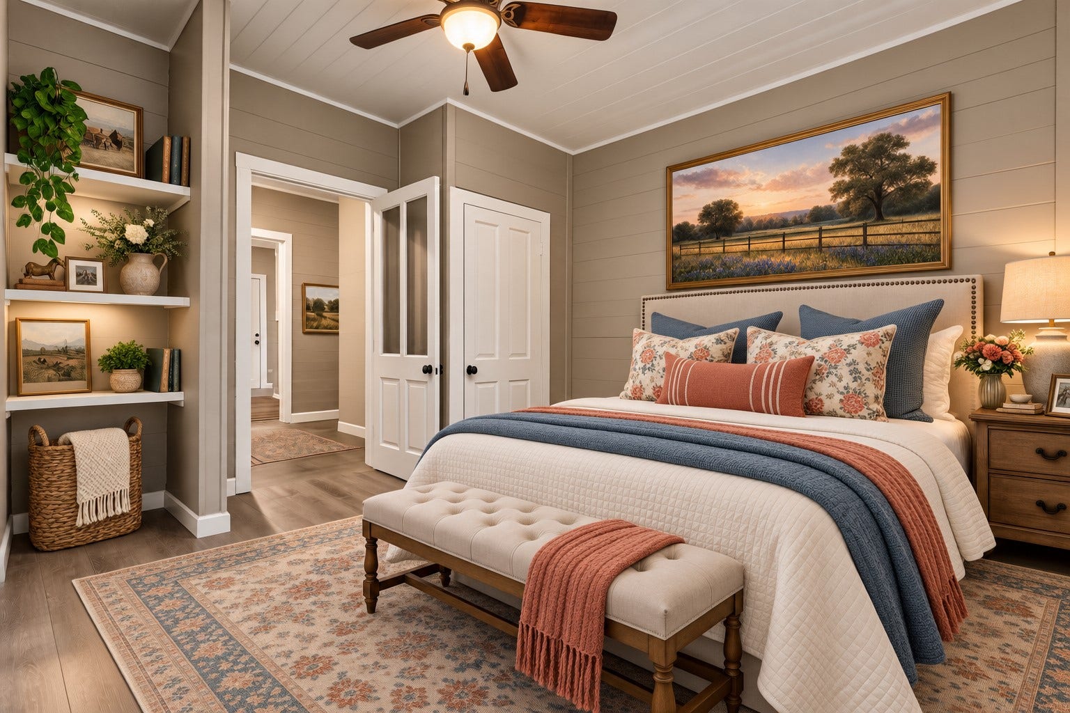 10534 Hufsmith Road, Tomball, TX 77375 Virtually staged primary suite transforms this space into a serene luxury ranch retreatimagine closing the day here after enjoying everything the property has to offer.