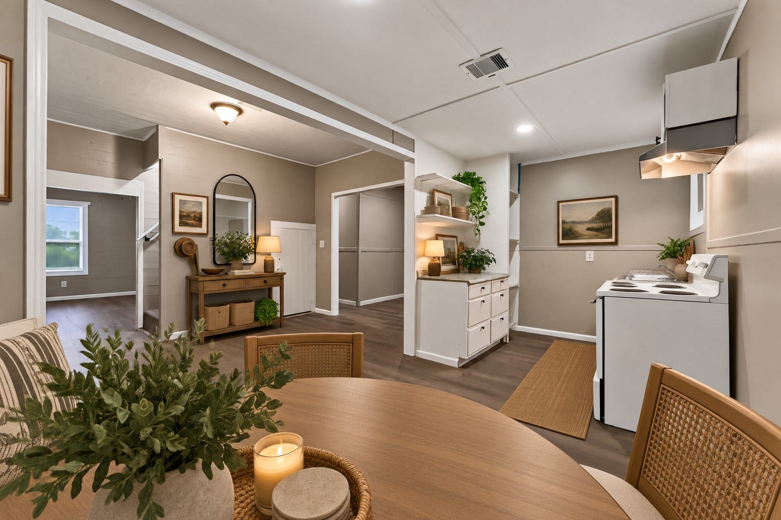 10534 Hufsmith Road, Tomball, TX 77375 Virtually staged kitchen, breakfast nook, and entry bring the property's story to lifepicture morning coffee, family breakfasts, and guests gathering before heading out to enjoy the ranch.