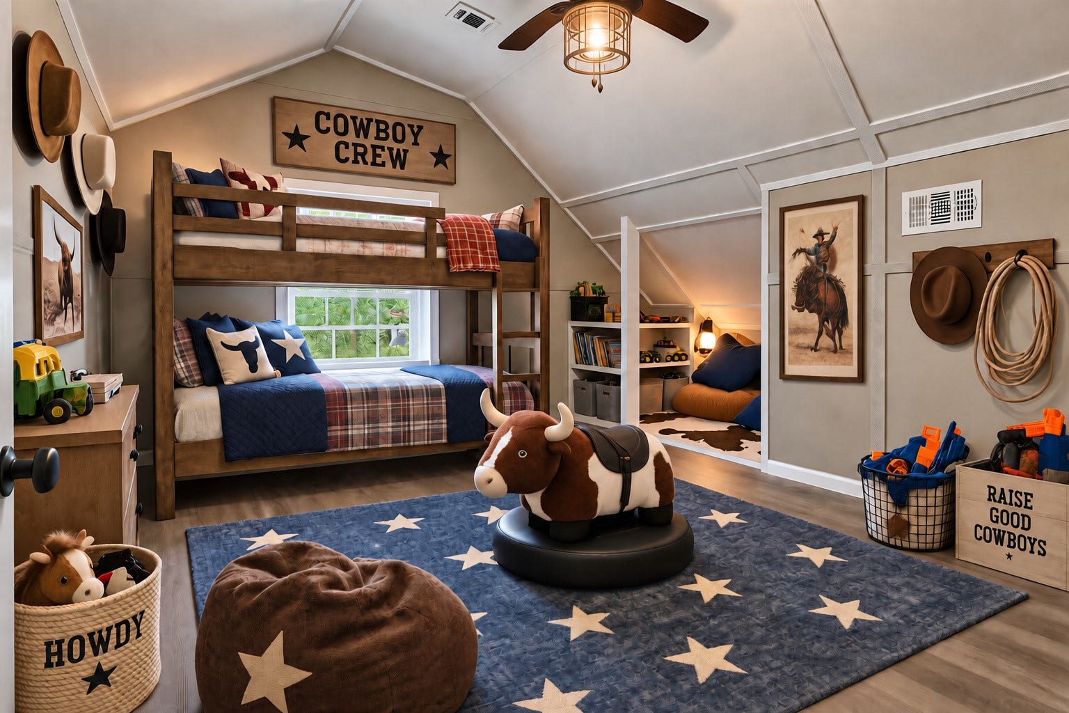 10534 Hufsmith Road, Tomball, TX 77375 Virtually staged cowboy bunk room designed for the ultimate ranch getawayimagine kids waking up ready for a day of adventure, then coming back to their own bunkroom for games, play, and memories.