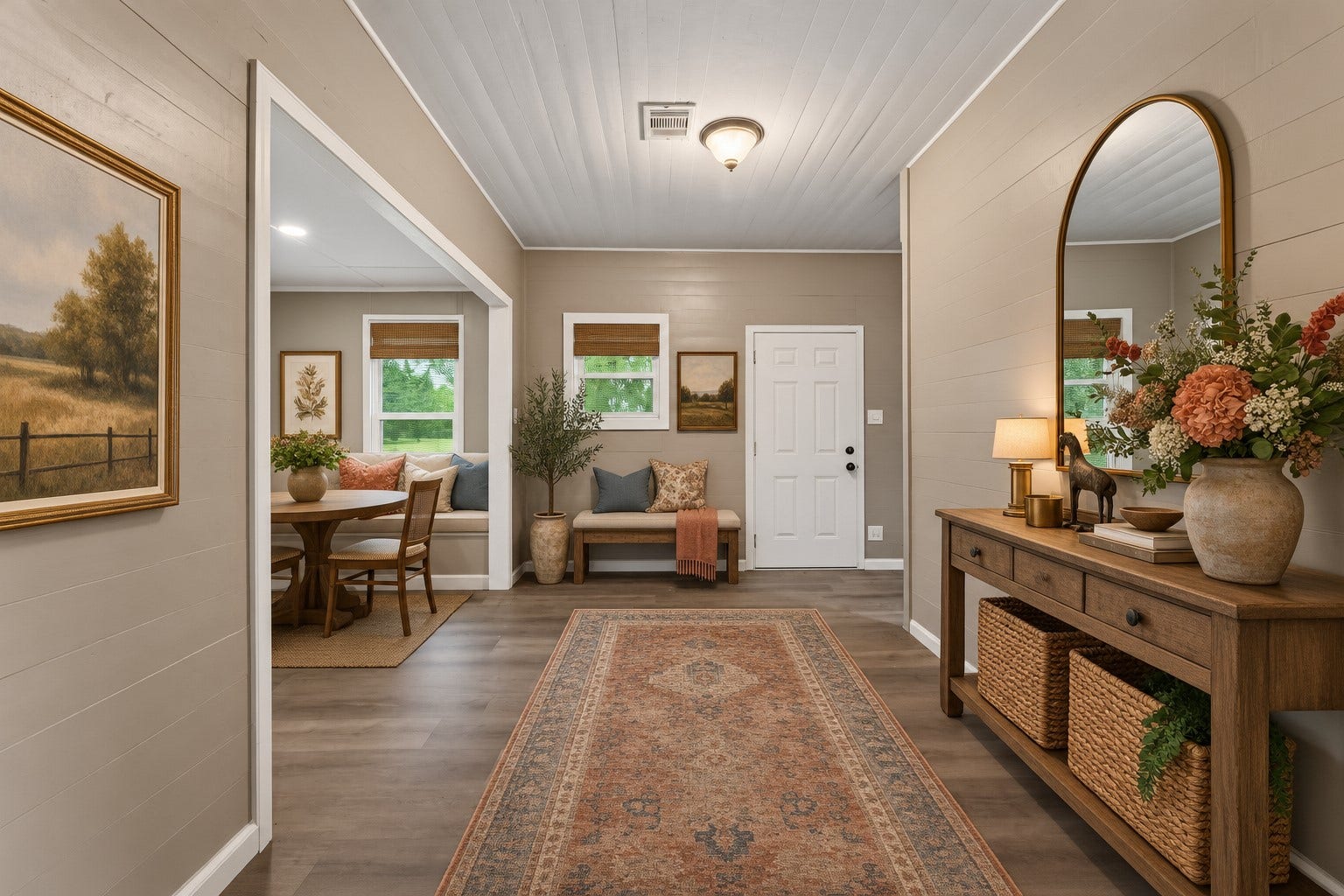 10534 Hufsmith Road, Tomball, TX 77375 Virtually staged entry welcomes you into a warm country-chic retreat, with a cozy breakfast nook just beyondan inviting first glimpse of the property's relaxed ranch lifestyle.