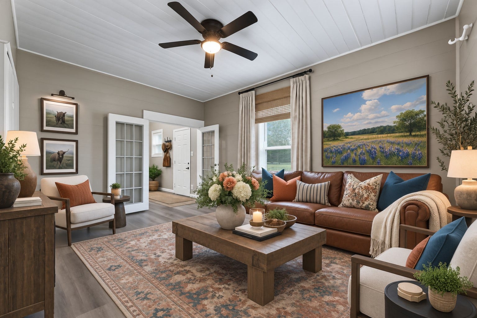 10534 Hufsmith Road, Tomball, TX 77375 Virtually staged living room invites you to imagine slow mornings, family movie nights, and evenings gathered together after a day enjoying the property.