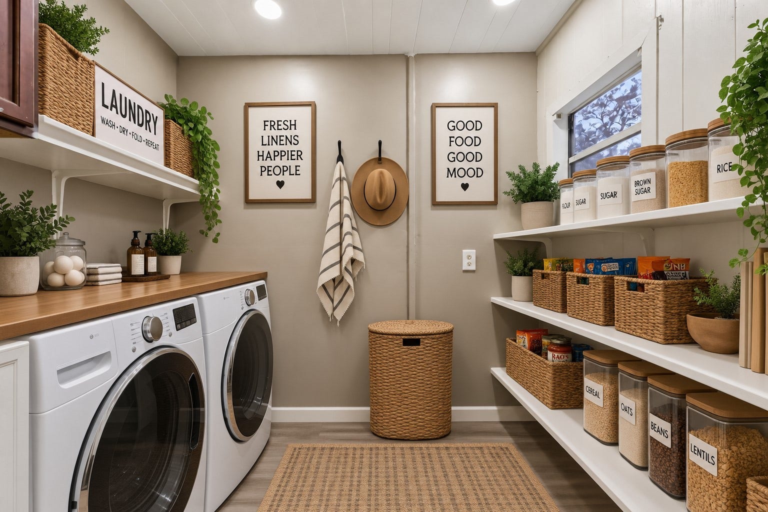 10534 Hufsmith Road, Tomball, TX 77375 Virtually staged laundry/pantry showcasing the home's versatile utility space with full-size washer and dryer, generous built-in shelving, pantry storage, and a practical layout designed for everyday living.