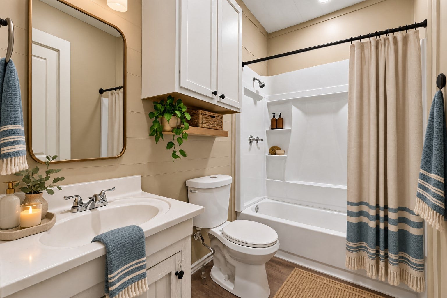 10534 Hufsmith Road, Tomball, TX 77375 Virtually staged bathroom showcases a welcoming country-chic atmosphere, reinforcing the feeling of a thoughtfully designed ranch getaway.