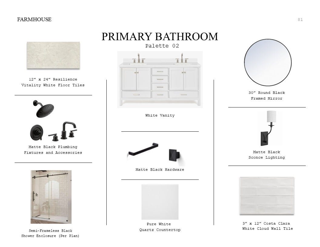 29443 Oaklawn View Drive, Waller, TX 77484 Farmhouse Look Palette 2: Primary Bathroom Selection Sheet (*Artist rendering used for illustration purposes only.)