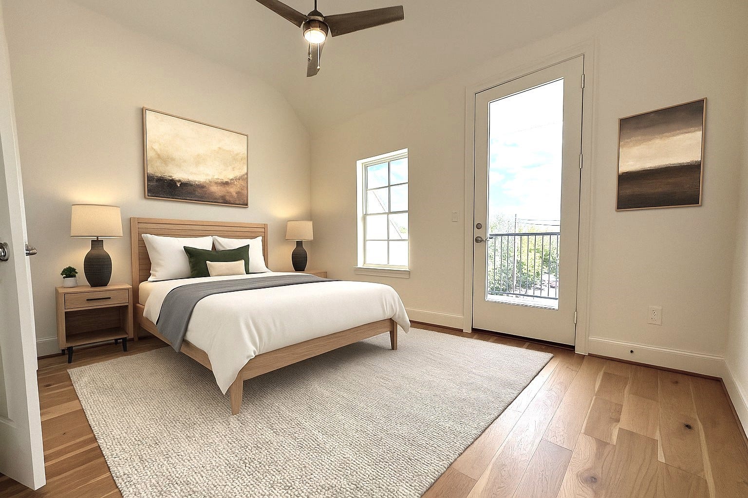 741 Bringhurst Street, Houston, TX 77020 Bright primary bedroom with door to private rooftop terrace. Virtual staging added.