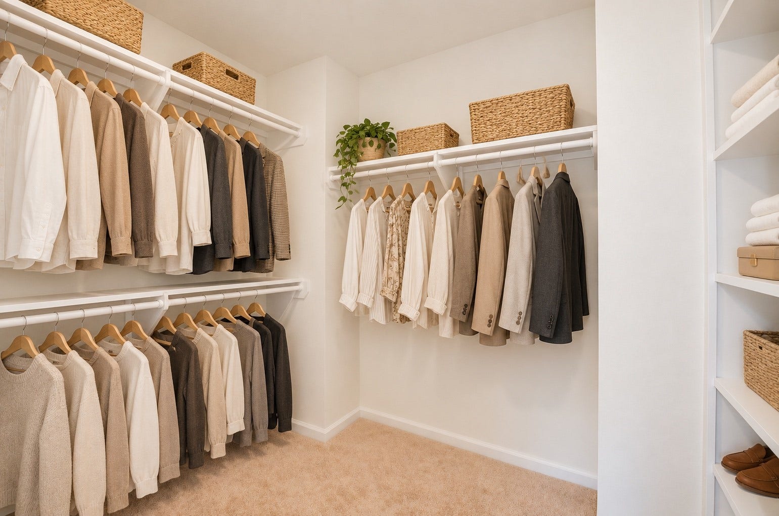 Discover a spacious walk-in closet with ample shelving and hanging space, featuring stylish wicker baskets and a neutral color palette for a clean, modern look.