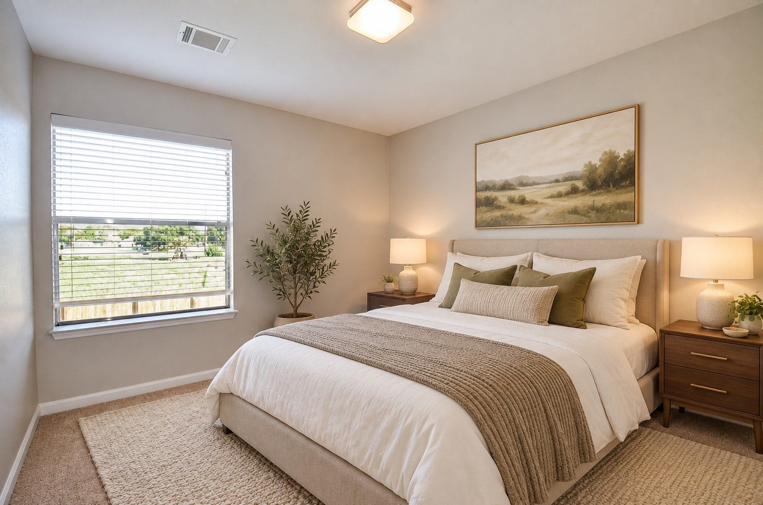 Bright and inviting bedroom featuring a plush bed with neutral decor, complemented by natural light from a large window and warm bedside lighting.