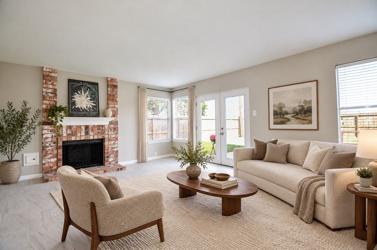 Sun-filled living room with a charming brick fireplace, tasteful neutral furnishings, and generous windows that create a warm, welcoming atmosphere