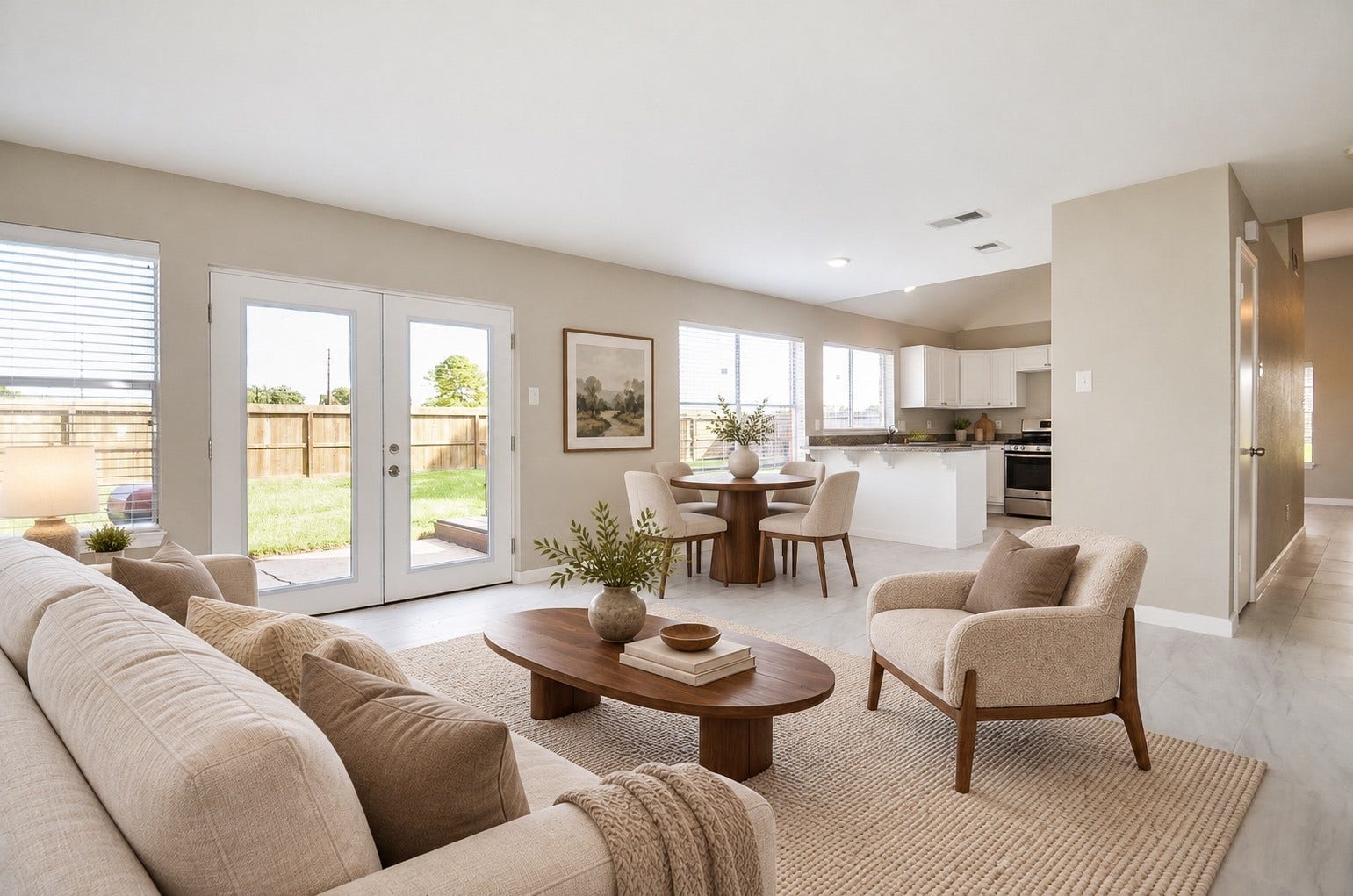 Light-filled open living space with stylish furnishings and an effortless flow into the dining area and kitchen. Large windows and patio doors create an airy atmosphere and connect the home to a lush backyard.