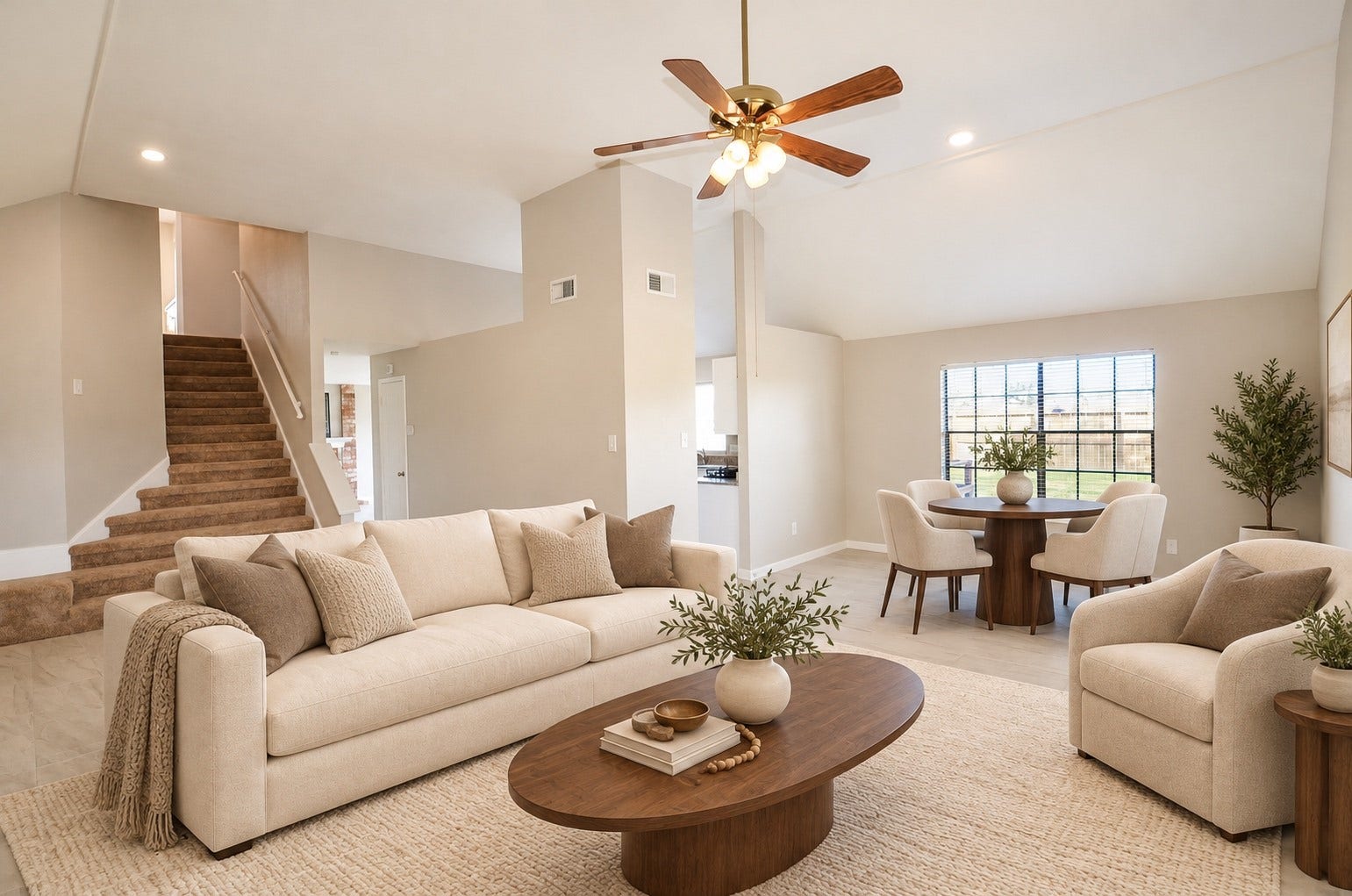 Spacious living area with high ceilings, elegant tile flooring, and abundant natural light, complemented by a central ceiling fan and an inviting staircase leading to the upper level.