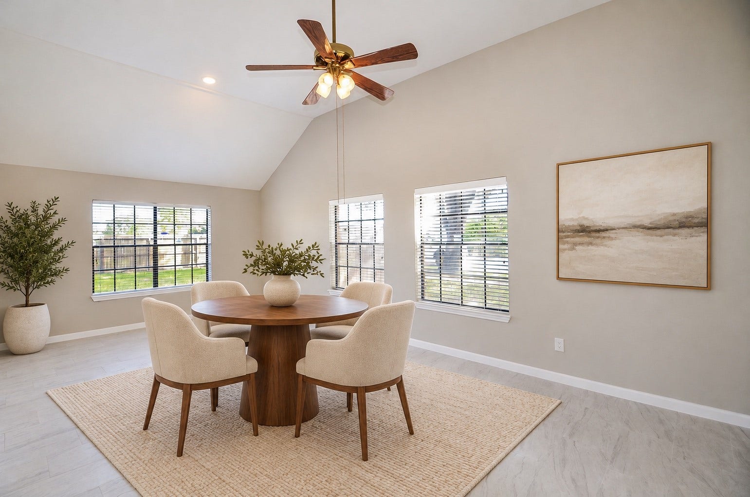 Generous windows bring abundant natural light into this inviting living area, where high ceilings, soft neutral tones, and elegant tile flooring create an open, airy feel. A ceiling fan adds comfort throughout the space.