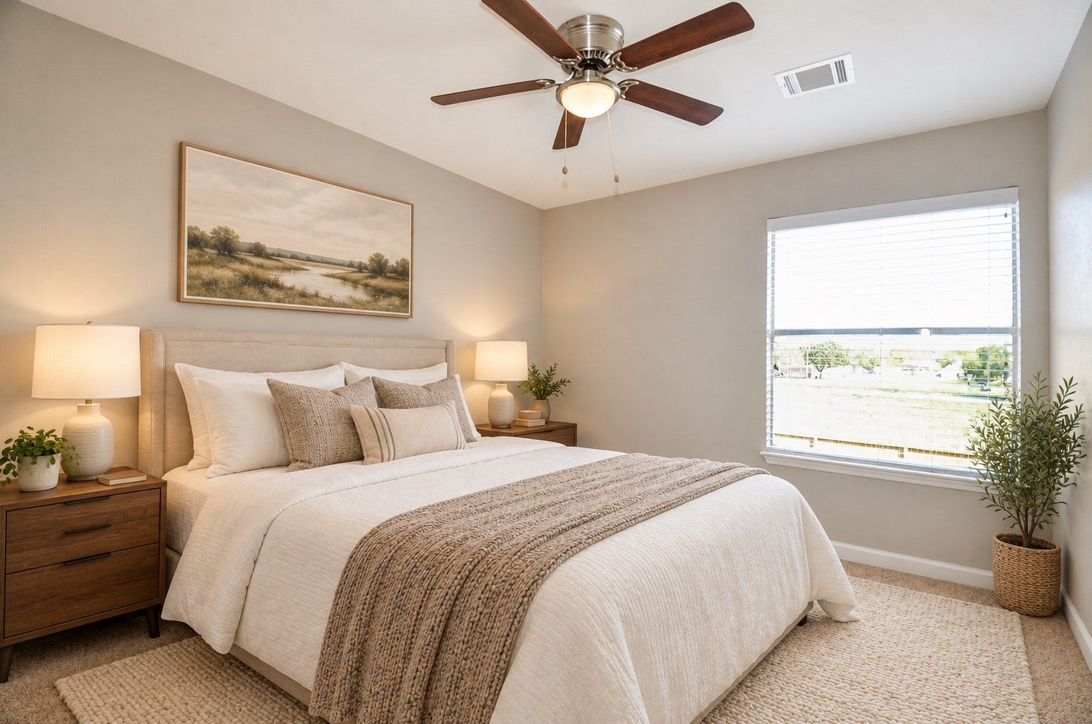 Discover tranquility in this inviting bedroom, featuring a plush bed with elegant linens, modern decor, and abundant natural light streaming through a large window.