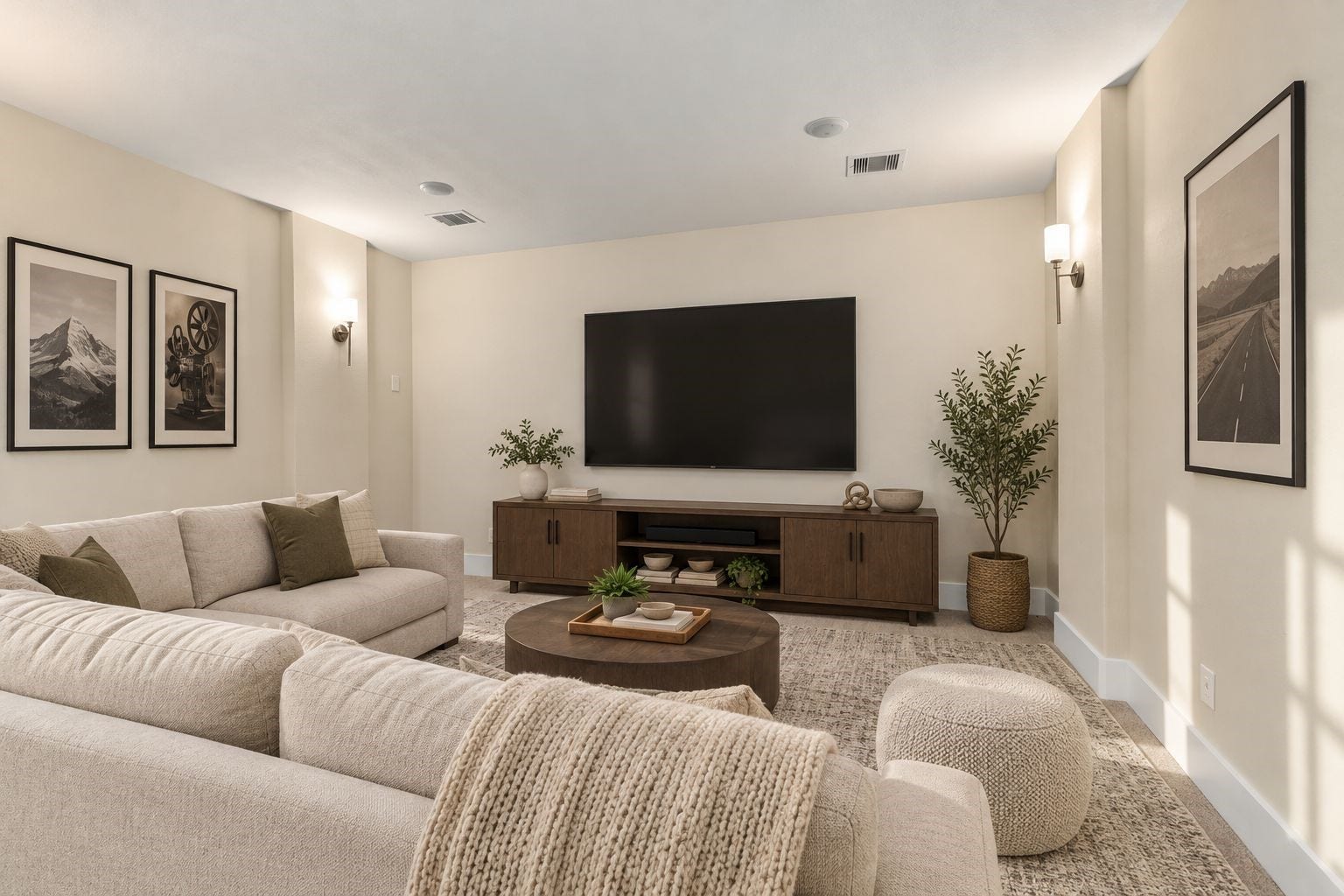 YOUR PRIVATE MEDIA RETREAT! Enjoy movie nights in this IMPRESSIVE entertainment space featuring a large-screen TV, comfortable sectional seating, and stylish recessed lighting! The spacious layout creates a cozy atmosphere for watching favorite films, cheering on your team, or relaxing with family! **Photo is Virtually Staged**