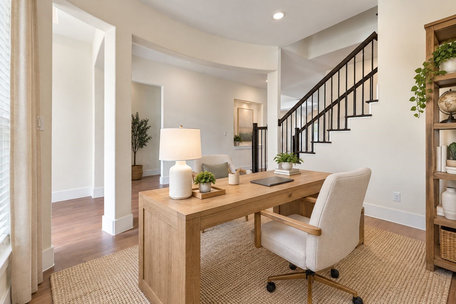 FLEXIBLE LIVING WITH STYLE! Another perspective of this MULTIPURPOSE room showcases its spacious layout, inviting natural light, and convenient position near the staircase! Virtually staged as a home office, this space can easily become an additional living room, study, or cozy lounge while maintaining the home's open feel! **Photo is Virtually Staged**