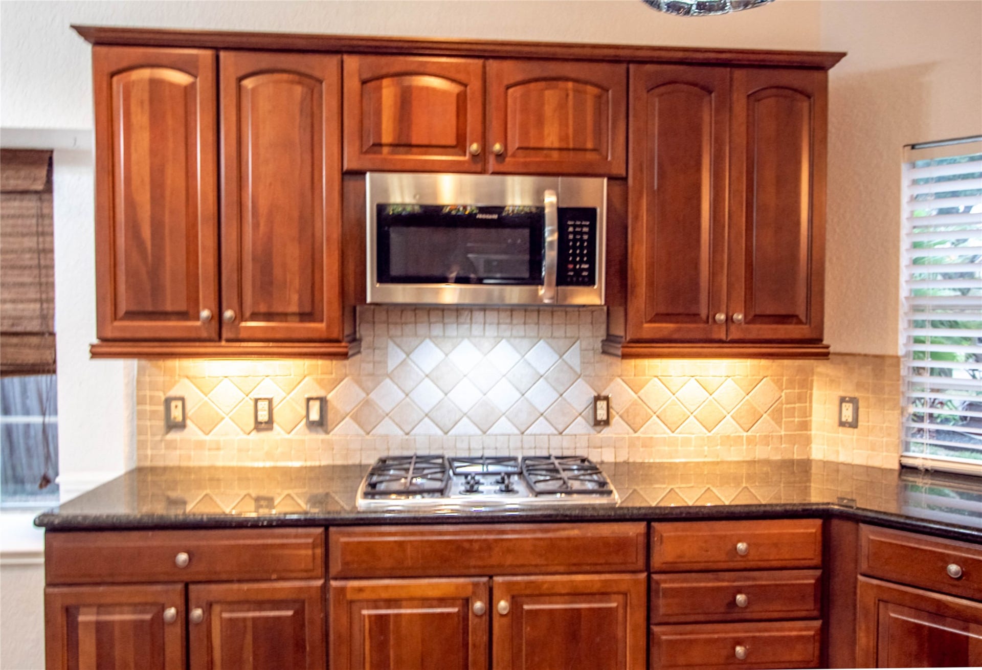 4700 Broadmoor Drive, League City, TX 77573 The gas cooktop and attached microwave, greenish/black granite and plenty of cabinets.