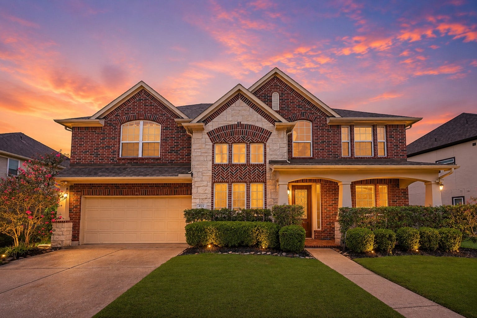 This stunning brick-and-stone home showcases timeless curb appeal with a charming covered front porch, lush landscaping, and elegant architectural details. Beautifully illuminated at dusk, it offers a warm welcome and an impressive first impression from the moment you arrive.