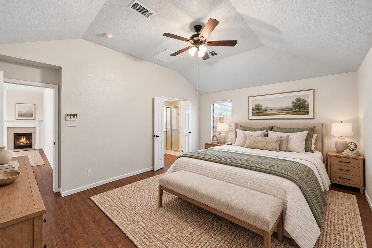 2331 Princess Deanna Lane, Katy, TX 77493 Virtually Staged: This primary bedroom offers a spacious layout built for comfort. The suite includes durable flooring, central light fixture, and immediate access to both the en-suite bathroom and adjoining living areas.